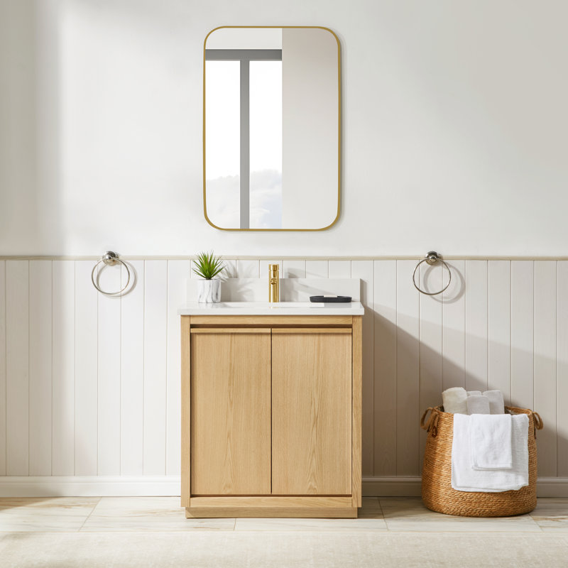 30 po. Clairence Meuble-lavabo autoportant à simple cuve en chêne clair avec plateau en quartz de Carrare, 30"