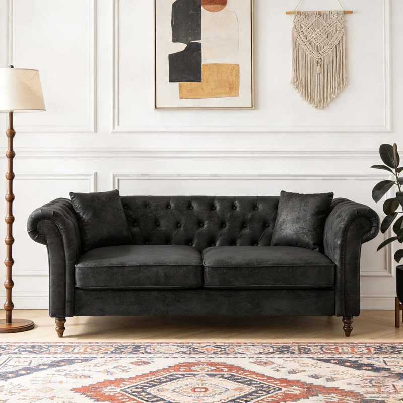 Canapé en tissu 66 po Chesterfield ‌tech, Noir, H 29 po x l 66 po x P 33 po, 2