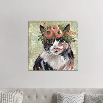 Cat With Floral Crown by Michele Norman - Wrapped Canvas Painting