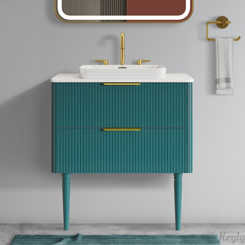 30" Striped Bathroom Vanity with Ceramic Sink, Aqua Blue