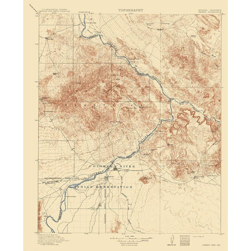 Art sur toile tendue par Williston Forge, USGS Gallery, Parker Arizona California Quad, H 43 po x l 36 po