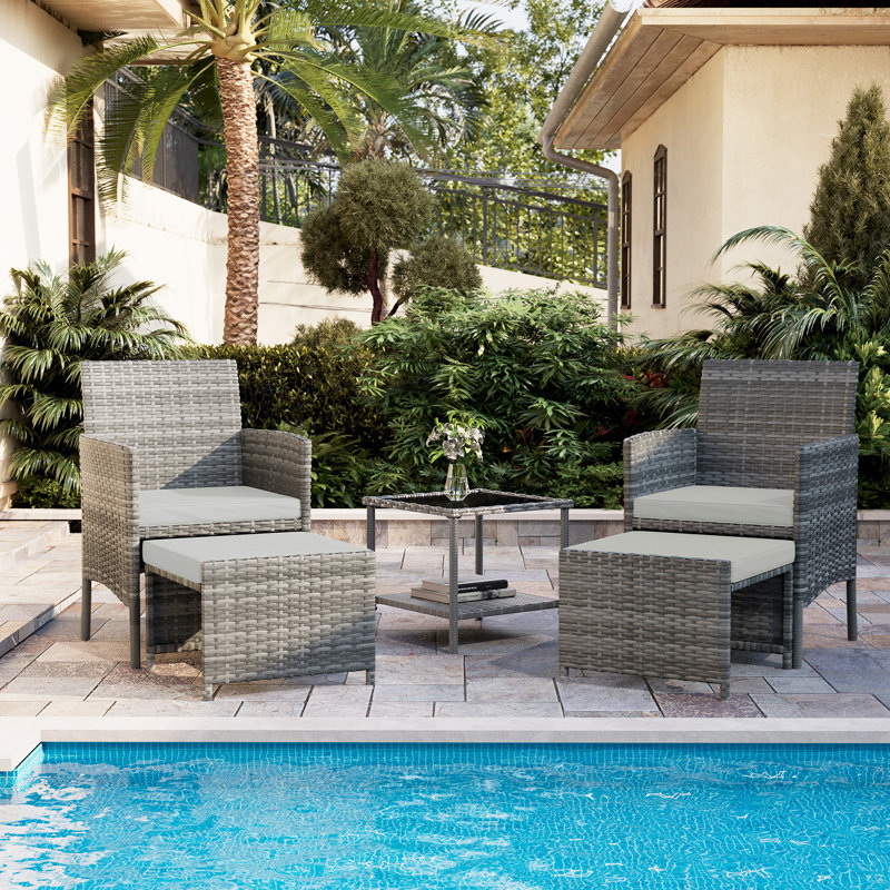 2-Person Wicker Conversation Set with Ottomans and Coffee Table, Gray Wicker, Cream