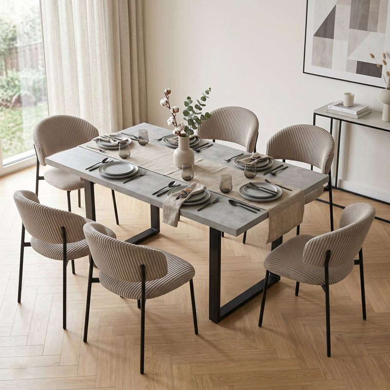 Extendable Dining Table Set of 6, 130 x 170cm Cement Dust MDF Rectangular Top, 6 Corduroy Chair, Modern Contemporary Style for Dining Room and Kitchen    