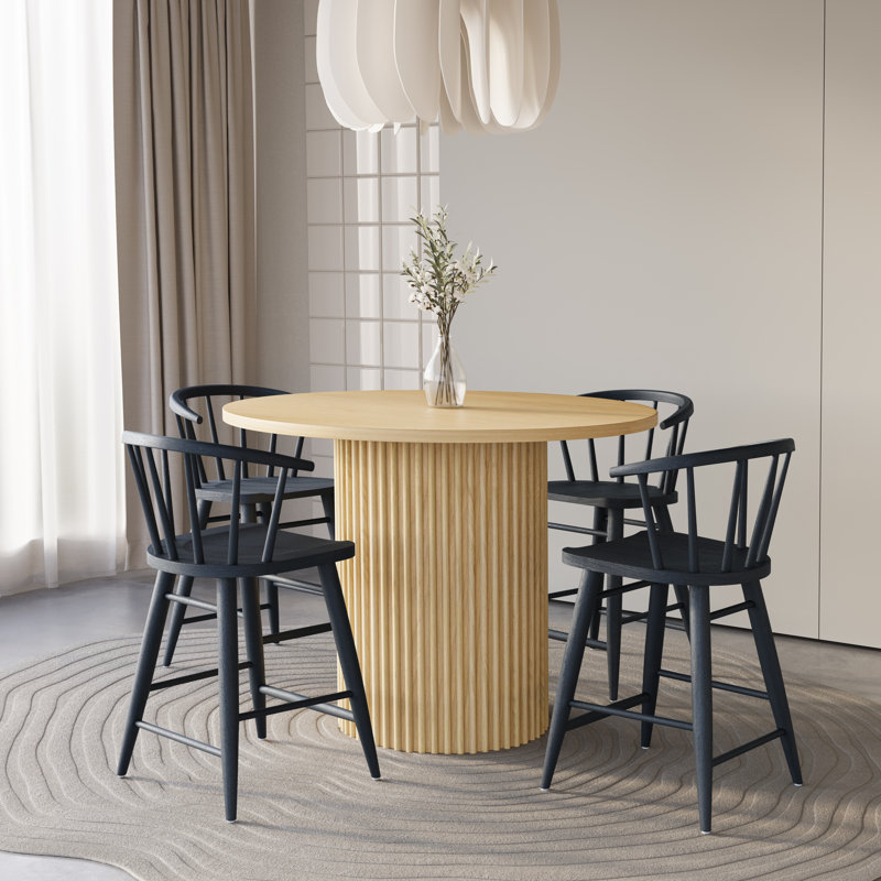 Cambree Modern Pedestal 5 Piece Counter Height Dining Set - Table With Stools, Natural, Black