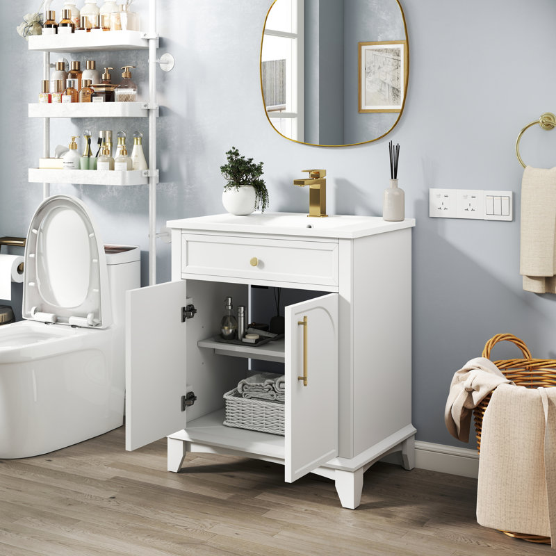 Meuble-lavabo moderne de 70,6 cm (27,8 po) avec finition peinte, style milieu du siècle, en bois massif blanc, avec tiroirs et rangements, lavabo intégré, lavabo résistant aux chocs, meuble-lavabo autoportant facile à installer, résistant à l'usure et facile à monter.