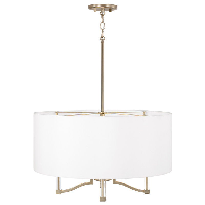 Matte Brass Drum Pendant with White Fabric Shade
