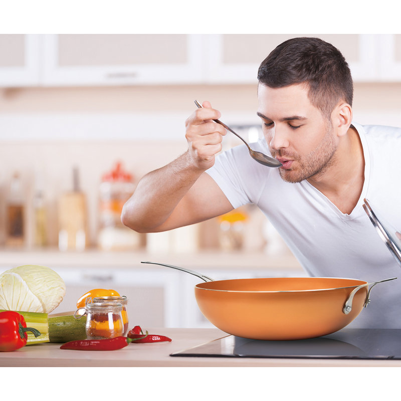 Masterpan Chef's Wok & Glass Lid, Copper Color Ceramic Non-Stick Coating, 12"