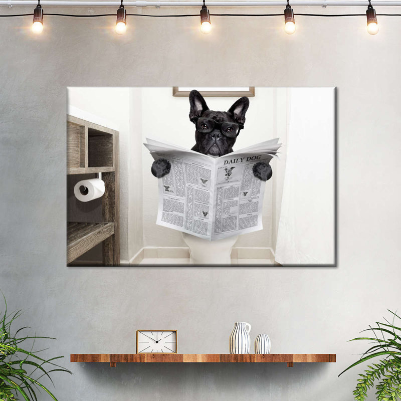Funny Bathroom French Bulldog Canvas Print, 32" H x 48" W x 1.25" D