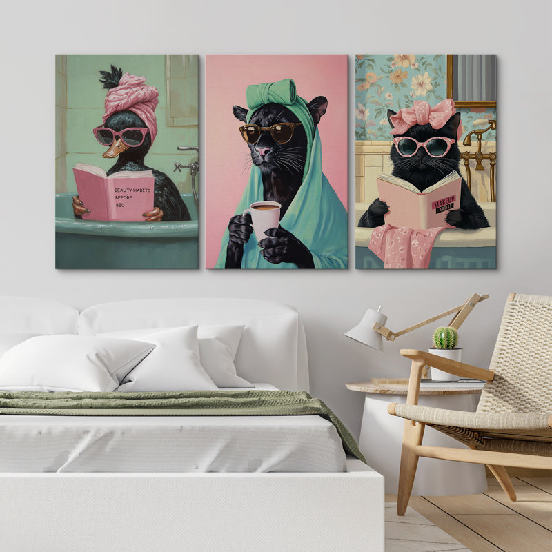 Funny Animal Spa Canvas Print Wall Art Set of 3 - Quirky Black Cat Bathroom Decor for Powder Room or Vanity Area