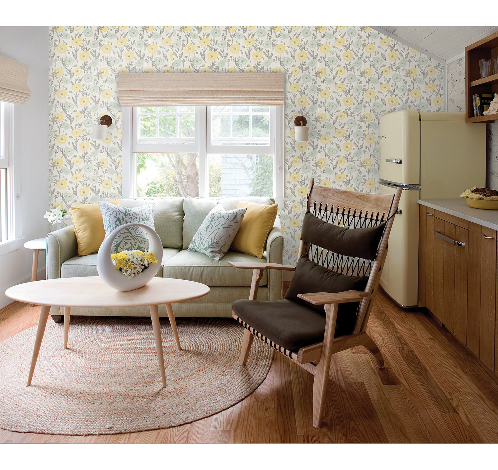 Kerin Peel & Stick Floral Wallpaper, Yellow/Aqua