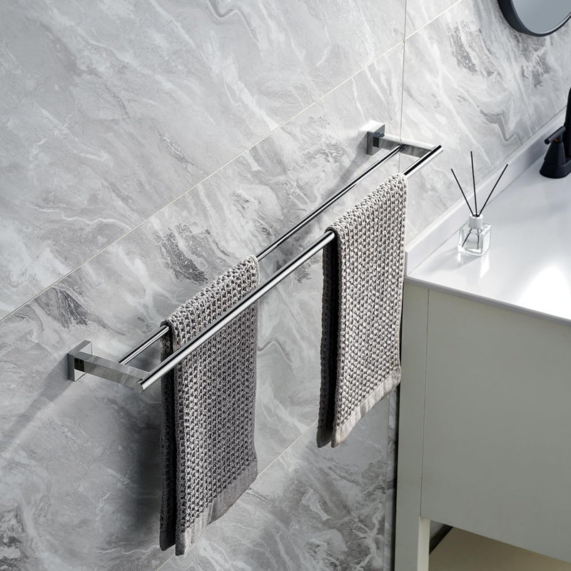 Porte-serviettes double en acier inoxydable SUS 304 pour salle de bain, Argent argent, H 1,77 po x L 35,43 po x P 1,77 po