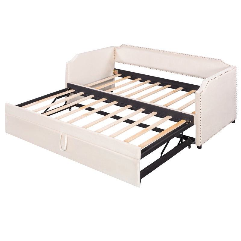   Velvet Upholstered Daybed With Pop Up Trundle, Beige, King
