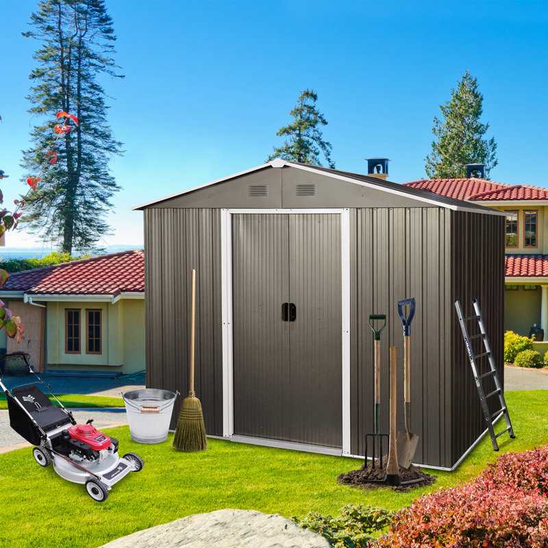 8ft X 6ft Metal Storage Shed - Gray, Galvanized Frame Weather & Structure With Base Build Extra Durability Enhancement, Gray