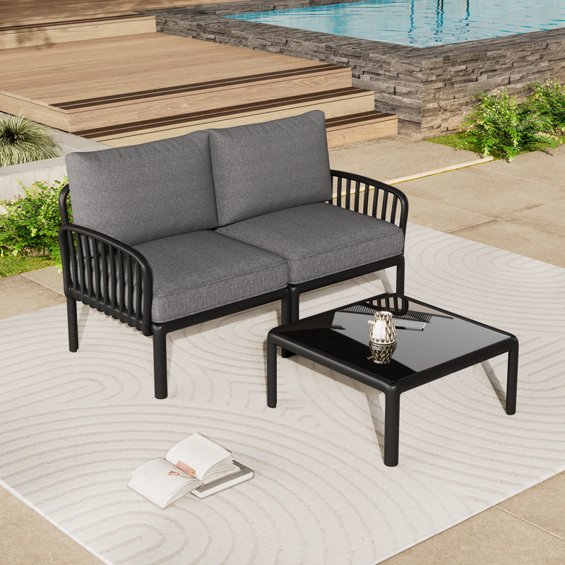 Ensemble de conversation de patio 3 pièces, ensemble de mobilier modulaire d'extérieur moderne avec table basse carrée, siège profond à coussin épais imperméable