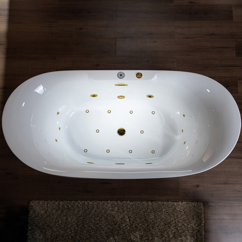 72" Whirlpool Water Jetted & Air Bubble Freestanding Heated Soaking Bathtub with LED Control Panel, Brushed Gold