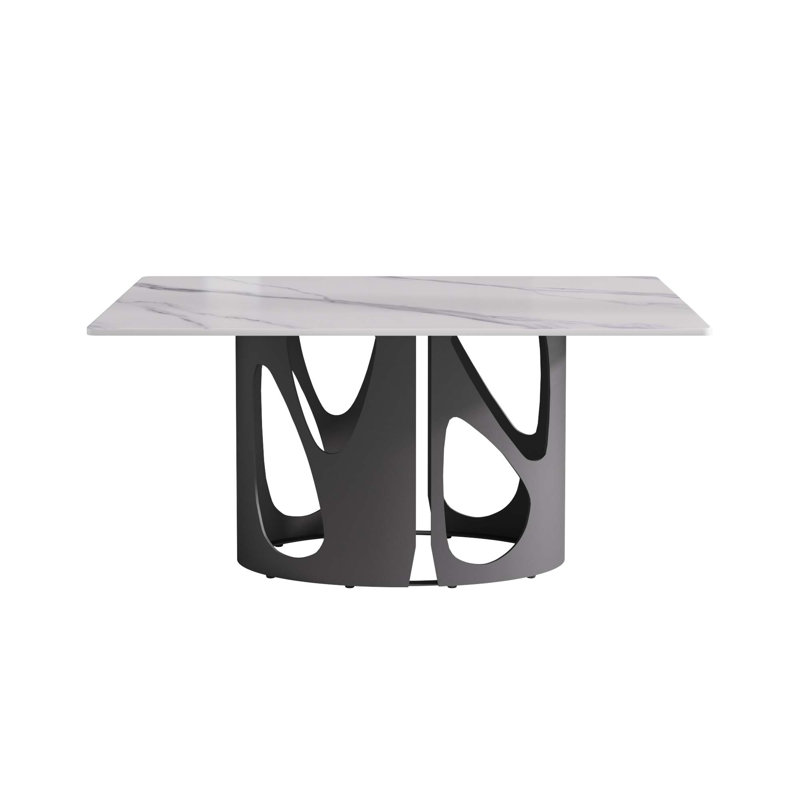 Modern Artificial Stone Rectangular Dining Table with Black Iron Metal Legs, White/Gray, 29.53"H x 63"L x 35.43"W