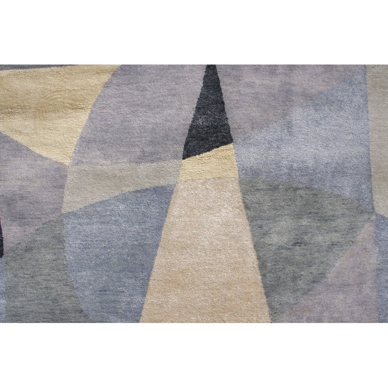 Rug & Kilim's Mid-Century Modern Rug In Gray, Ivory And Blue Geometric Pattern, Rectangle 5' x 8'