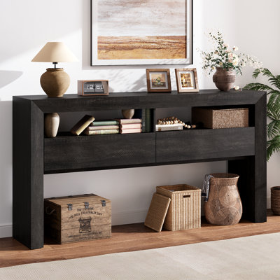 63" Narrow Console Table with 2 Drawers, Farmhouse Sofa Table Behind Couch, Open Shelf Hallway Accent for Small Spaces, Dark Oak