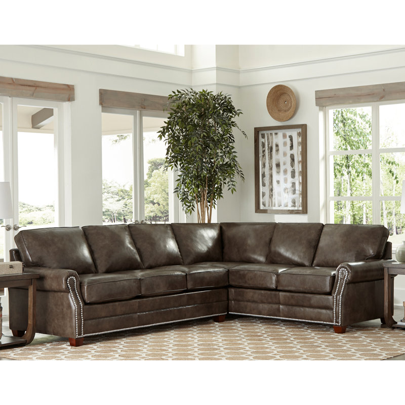 Canapé modulaire de gauche en cuir véritable de 113 po Abranda, Cuir véritable brun châtaignier