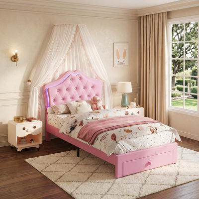 Lit simple à DEL très grand L 79,9 po x l 39 po x H 43,3 po avec lit gigogne et 2 tiroirs de rangement pour chambre d'ado, structure en bois d'ingénierie avec tête de lit en similicuir touffetée en cristal, rose