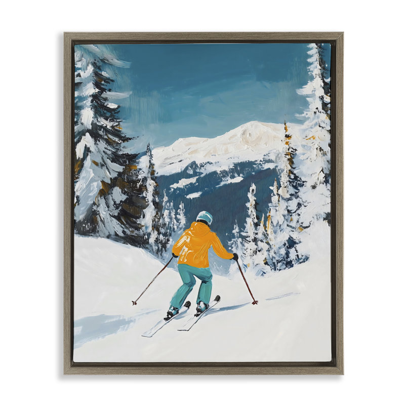 Skieur descendant sur cadre flottant en montagne, design par The Prints Vibe, 21 x 17, Montalcino Elm Floater Framed