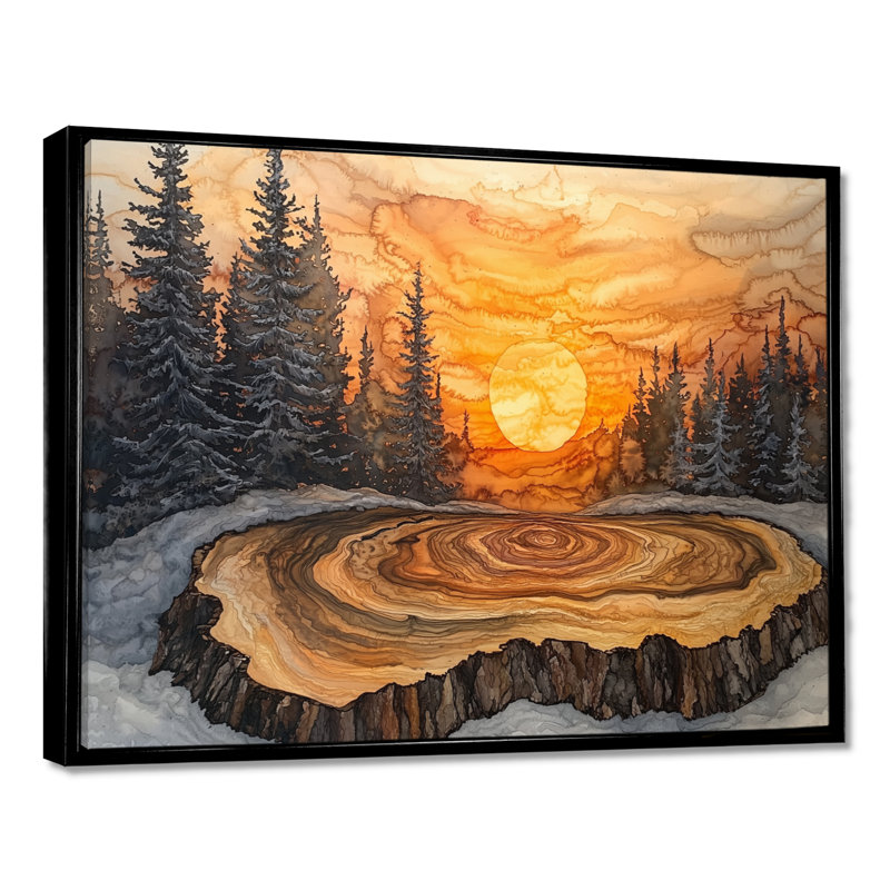 Sunrise Pine Tree on Wooden Tree Slide III - forêt, art mural, H 34 po x l 44 po, Reproduction avec cadre flottant, Noir