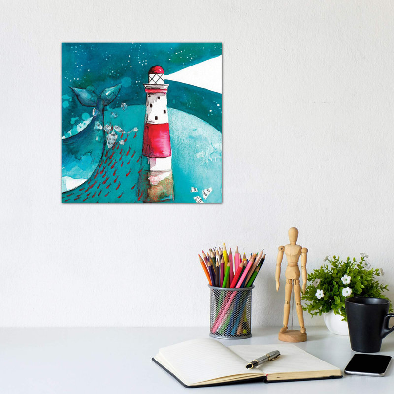Baleine avec phare - impression, Pas de tapis, Toile tendue, H 12 po x l 12 po x P 1,5 po