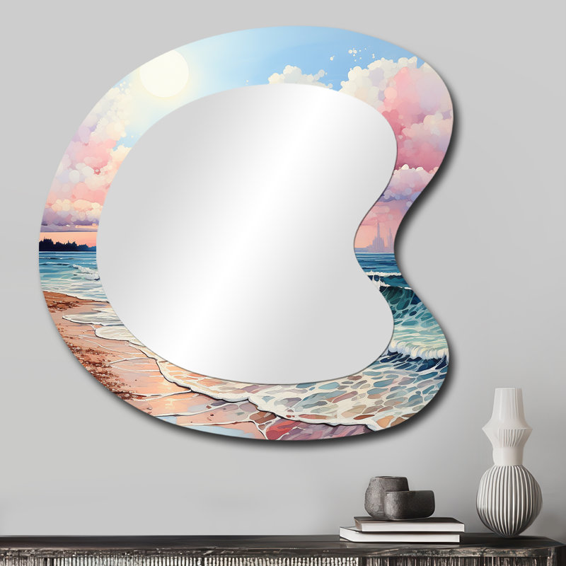 Brise de plage rose - décor d'art en métal sable de plage - miroir mural nautique irrégulier, 27 po x 27 po