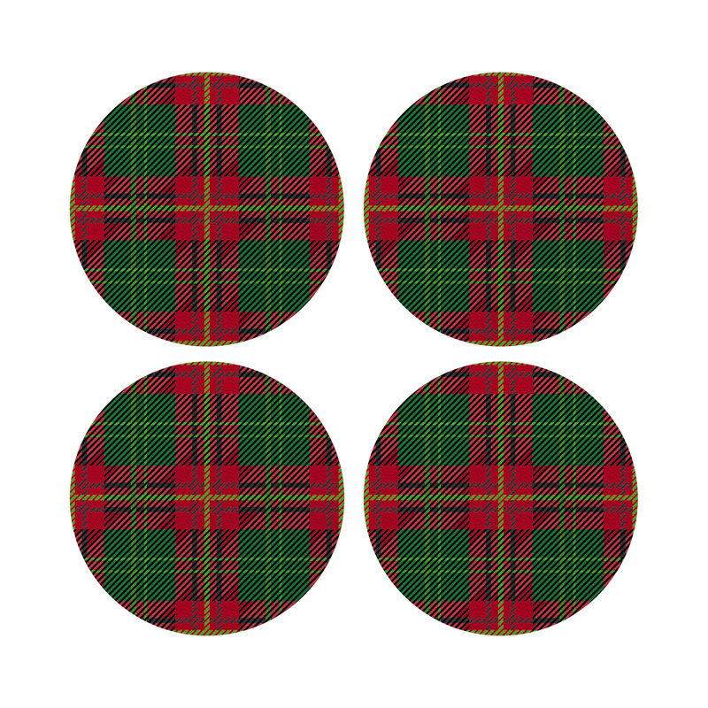 Sous-verres ronds en cuir tartan, Vert