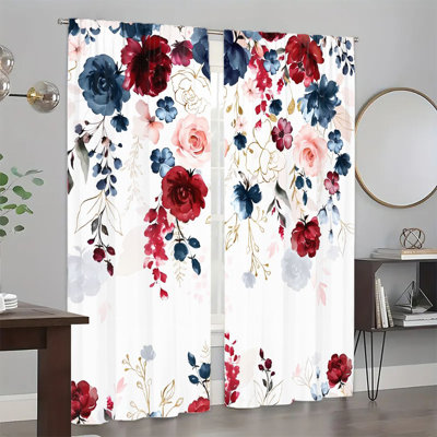 2Pcs rideaux floraux, motif de rose élégant, rideaux de fenêtre à passe-tringle pour le salon, la chambre à coucher, la cuisine, le panneau de traitement de la lumière avec des vignes décoratives dorées