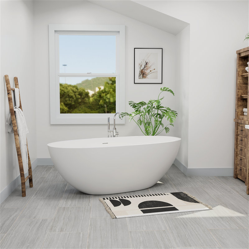 Baignoire de trempage autoportante de 55 po x 29,5 po avec bonde escamotable et trop-plein, certifiée Cupc, Blanc