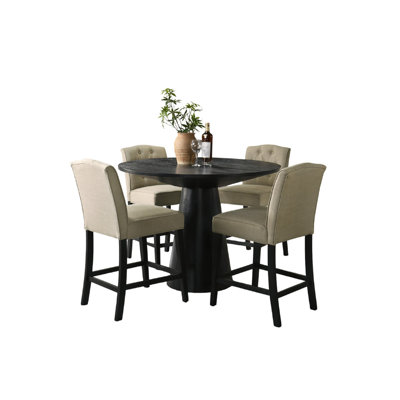Kiy 5Pc Counter Height Dining Set, Beige Seats, 47 Inch Ebony Black Top