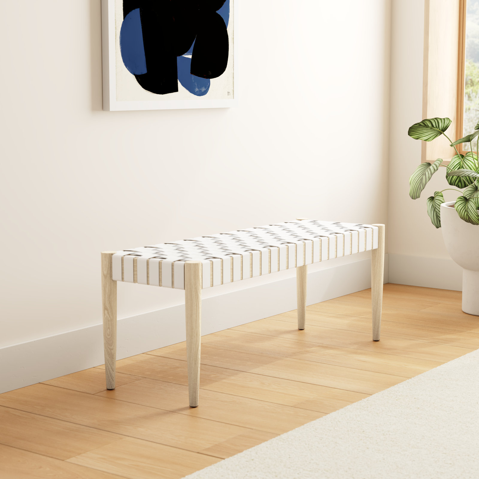 Orin 47" Woven Leather Dining Bench, White