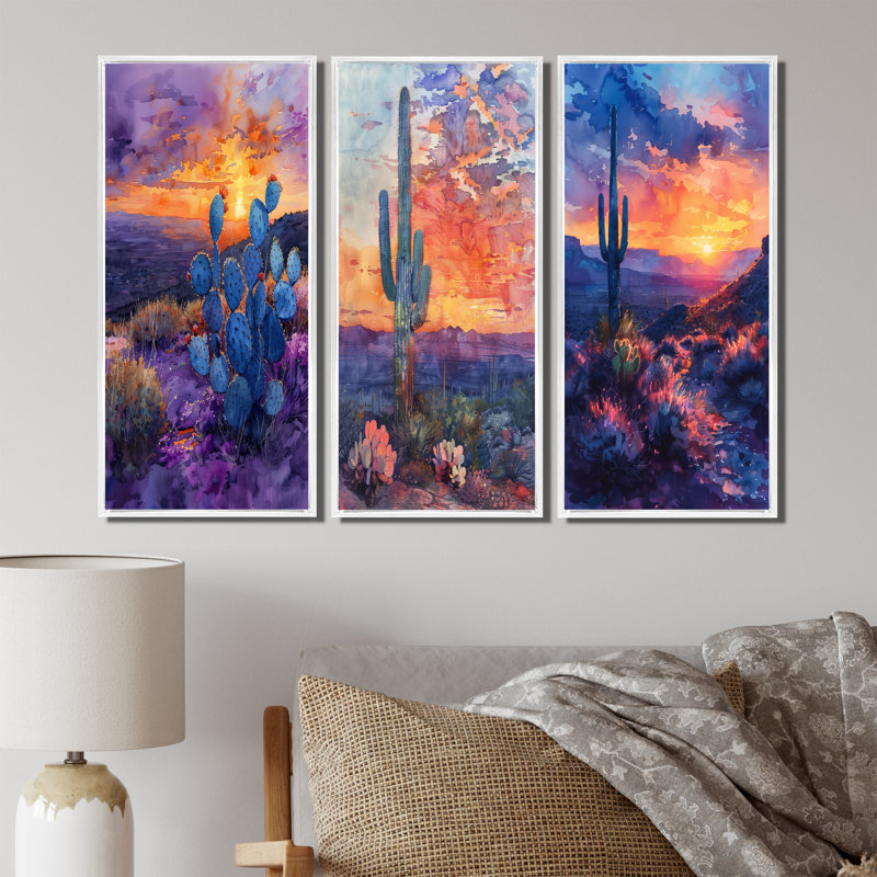 Cactus vert mauve, désert, coucher de soleil I - Collection d'impressions sur toile traditionnelles, 3 pièces, Blanc