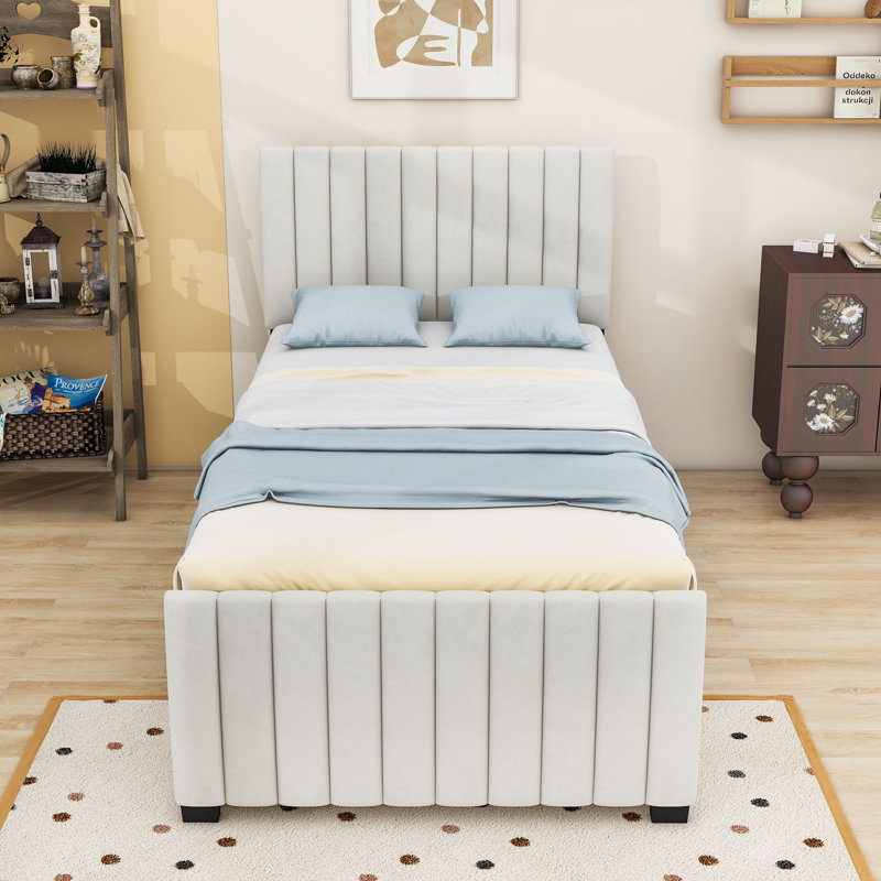 Lit plateforme simple tapissier avec lit gigogne simple, Beige