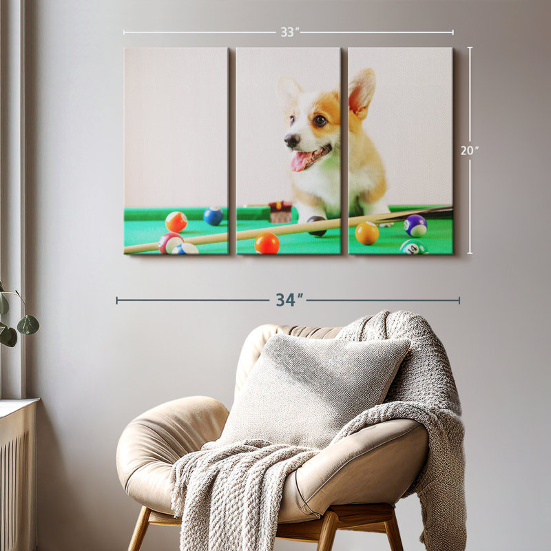 «Dog jouant au billard» sur toile, H 20 po x l 33 po x P 1,25 po