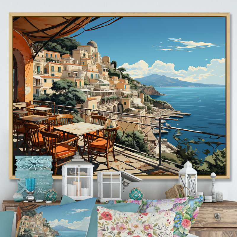 Capri, Italie, bleu, village méditerranéen I - Paysage, Italie, art mural, Cadre flottant brun, H 34 po x l 44 po x P 1,5 po