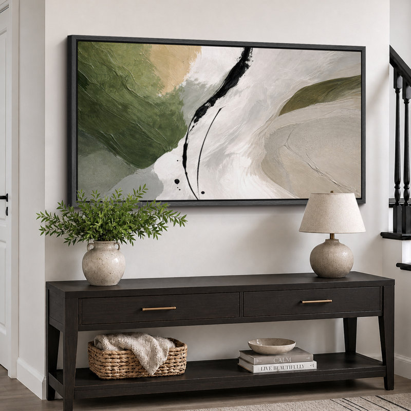 Abstrait vert beige, composition minimale, photos de salon contemporain, impression sur toile encadrée, Cadre noir