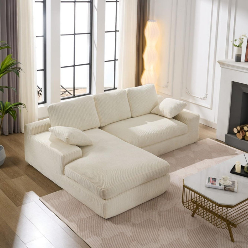 Boneless Modern Modular L-shape Sectional Sofa With Chaise, White Corduroy
