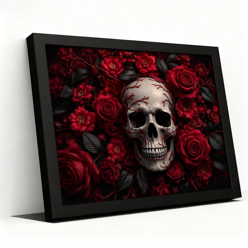 Toile grise grise entourée de roses rouges et d'art d'Halloween sur toile noire, H 16 po x l 24 po
