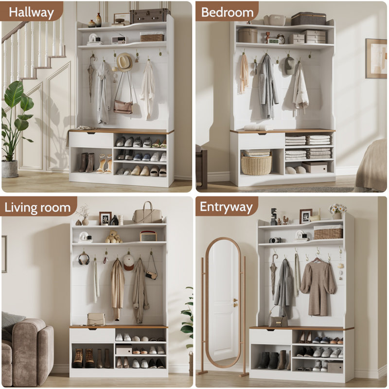 Country White 5-In-1 Hall Tree With Bench