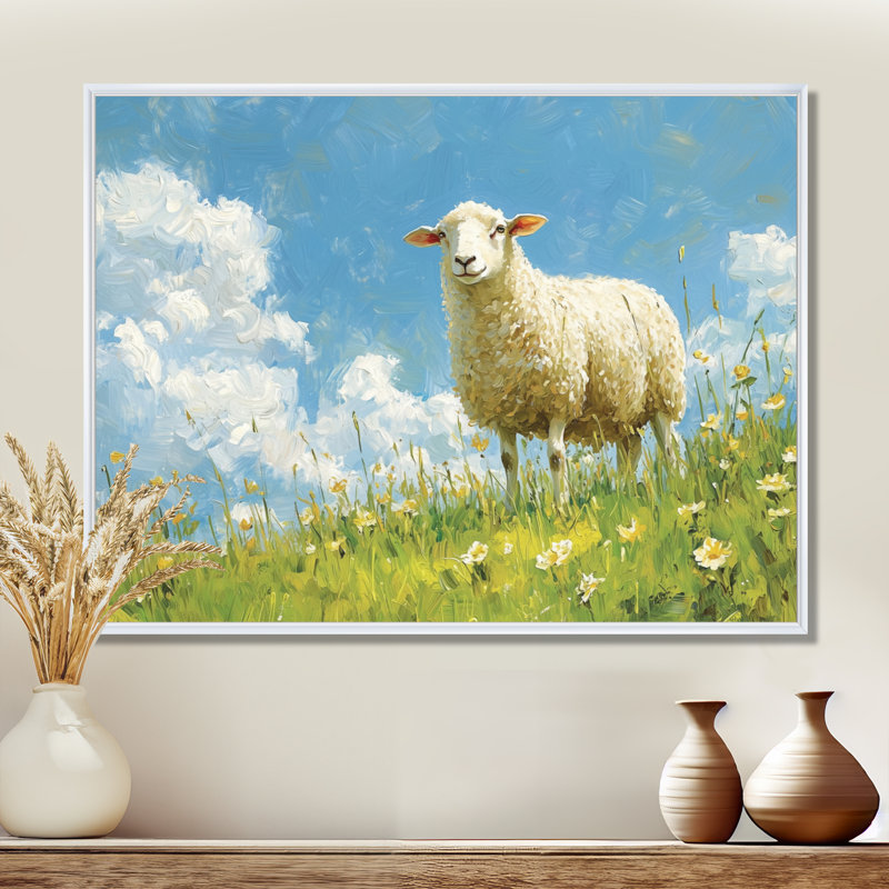 Dovenson Quiet Pasture Sheep Portrait - Sheep Large, art mural, H 12 po x l 20 po, Impression encadrée flottante, Blanc