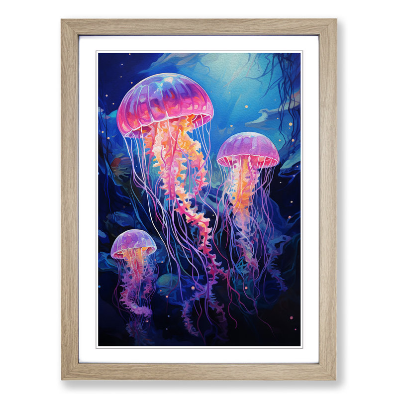 JellyFish Action Painting - Framed Print, 64cm H x 46cm W x 2cm D, Oak Framed