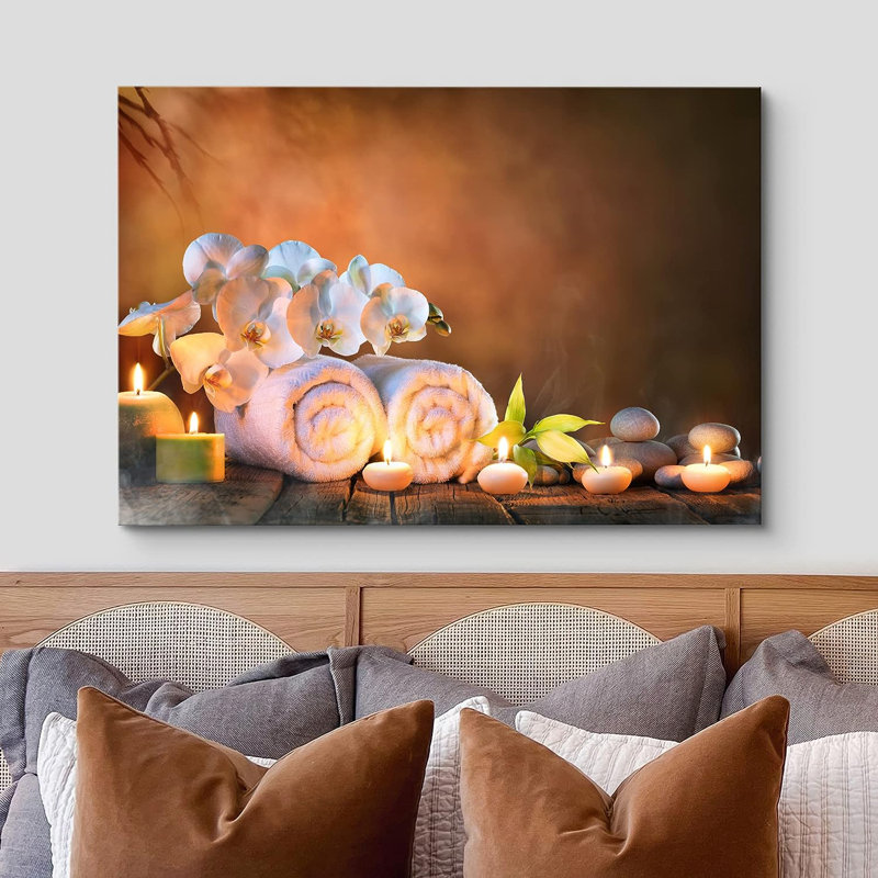 «Relaxing Candle», orchidée blanche, pierres de massage, feuille de jungle, yoga naturel, reproduction sur toile tendue