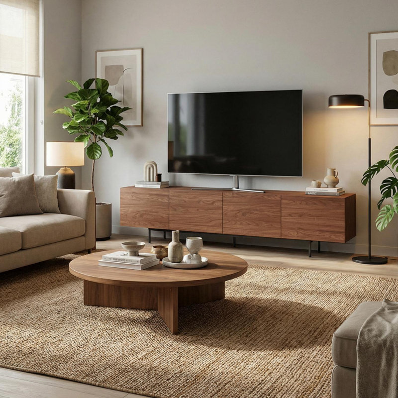 Modern 4-Door TV Stand Storage Credenza, 21.7"H x 86.6"W x 15.2"D, Walnut