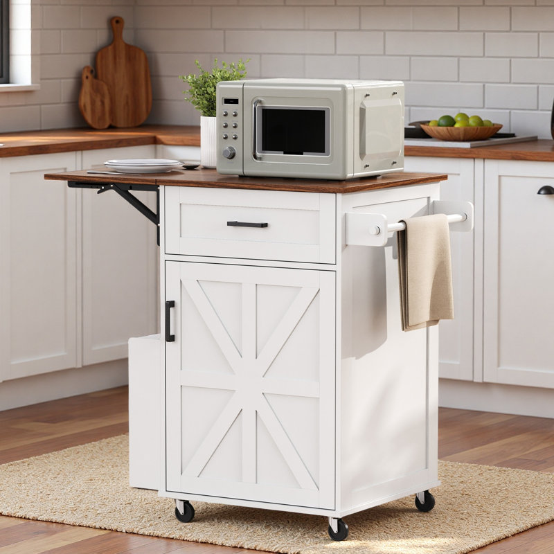 Farmhouse Kitchen Island With Drop Leaf, Open Side Rack, One Drawer, Towel Rack And Wheels, White