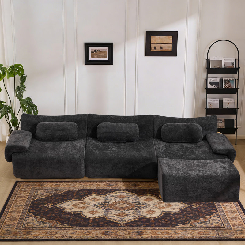 Canapé modulaire en chenille à assise profonde et repose-pieds en rayonne de 108 po Boneless, Chenille noir