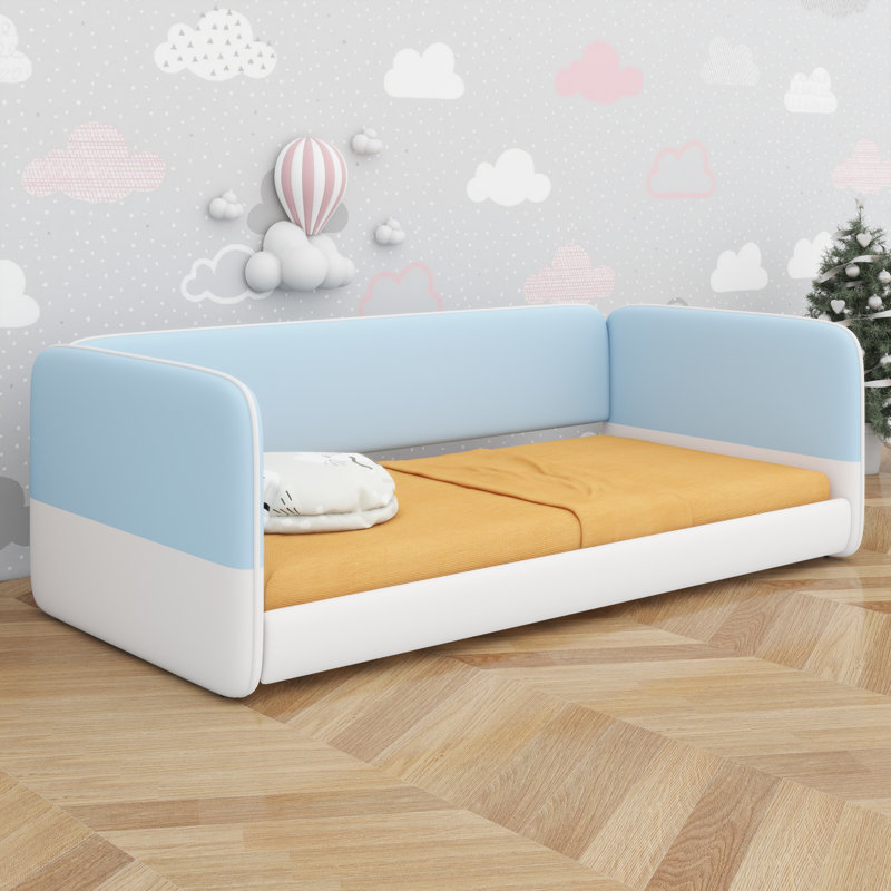 Lit à plancher bas minimaliste, tête de lit tapissier et accoudoirs, Blue