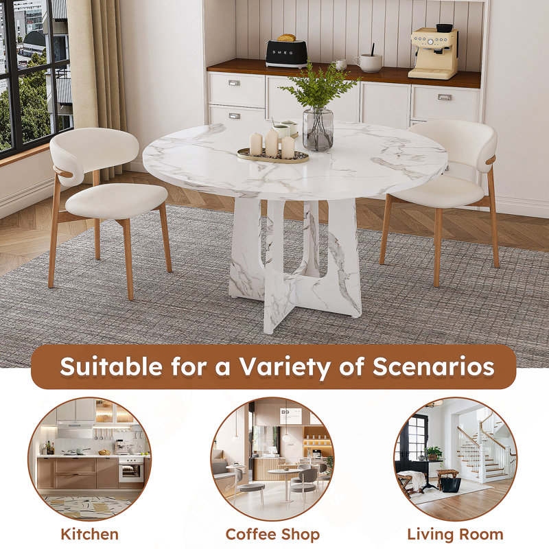 47.24" Round Dining Table for 4 - Farmhouse MDF Table with Marble White Finish, 300lb Capacity, Easy Assembly for Kitchen/Dining Room - Modern Spiced Table