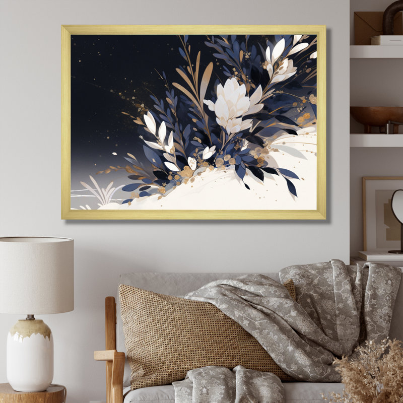 Herbes bleues et or bleues II, Encadrement doré, H 34 po x l 44 po x P 1 po